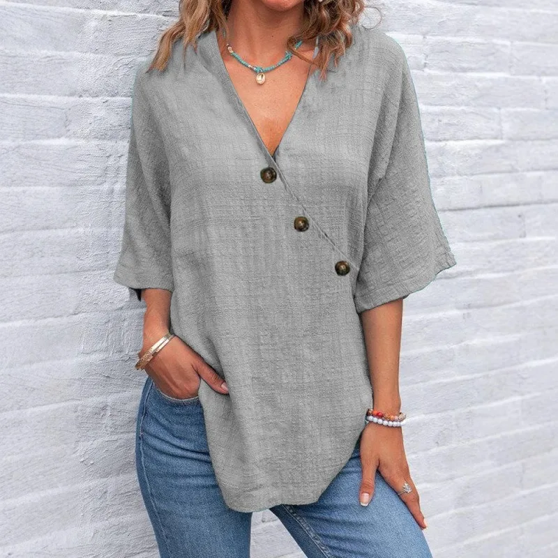 Women Solid Color Linen V Neck Oblique Button Three Quarter Sleeve Loose Casual Blouse