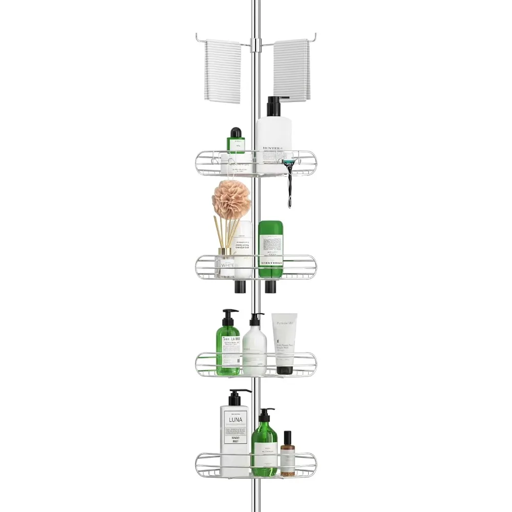 

Corner Shower Caddy Tension Pole, 4-Tier Adjustable Shelves, Rustproof Bathroom Organizer Corner and Racks