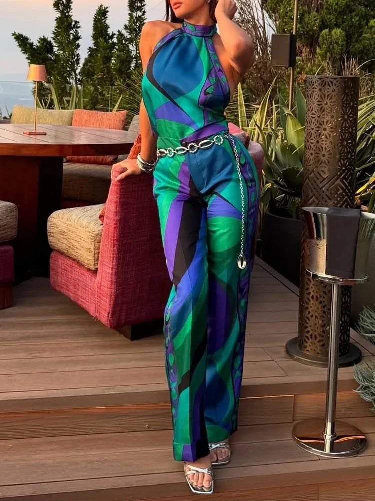 Summer Fashion Casual Resort Geometric Print Slik Tops Women's Butterfly-knot Hang One's Neck Sleeveless Lace-Up Tops