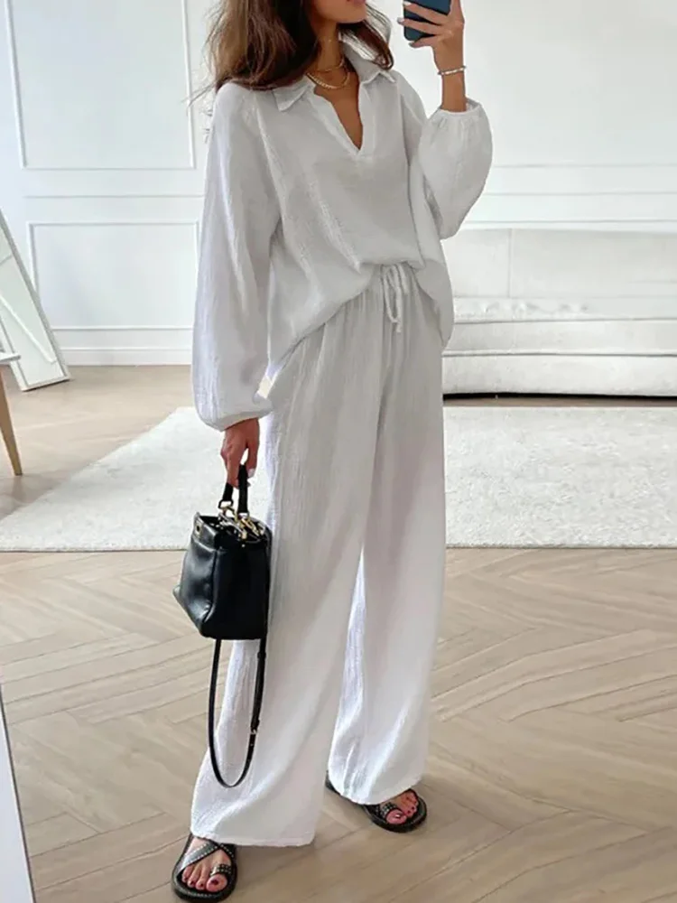 

Women Patchwork V Neck Long Sleeve Shirt Tops And Full Pants Set Lady Summer Loose Casual Two Piece Suits 2024 Loungewear Femme