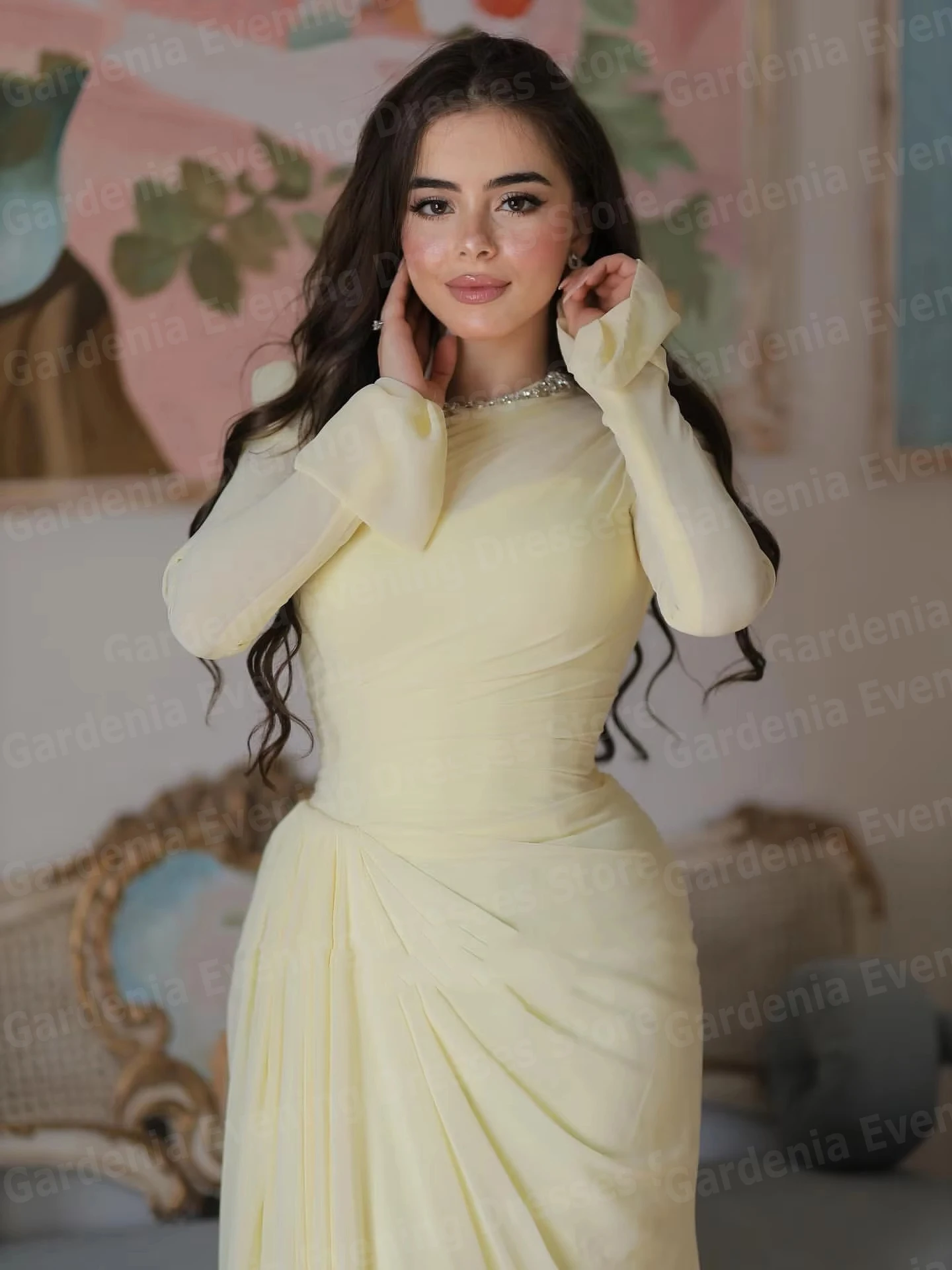 우아한 인어 여성 이브닝 드레스 긴 소매 댄스 파티 드레스 맞춤형 O 넥 Pleated Party Vestidos De Fiesta Elegantes