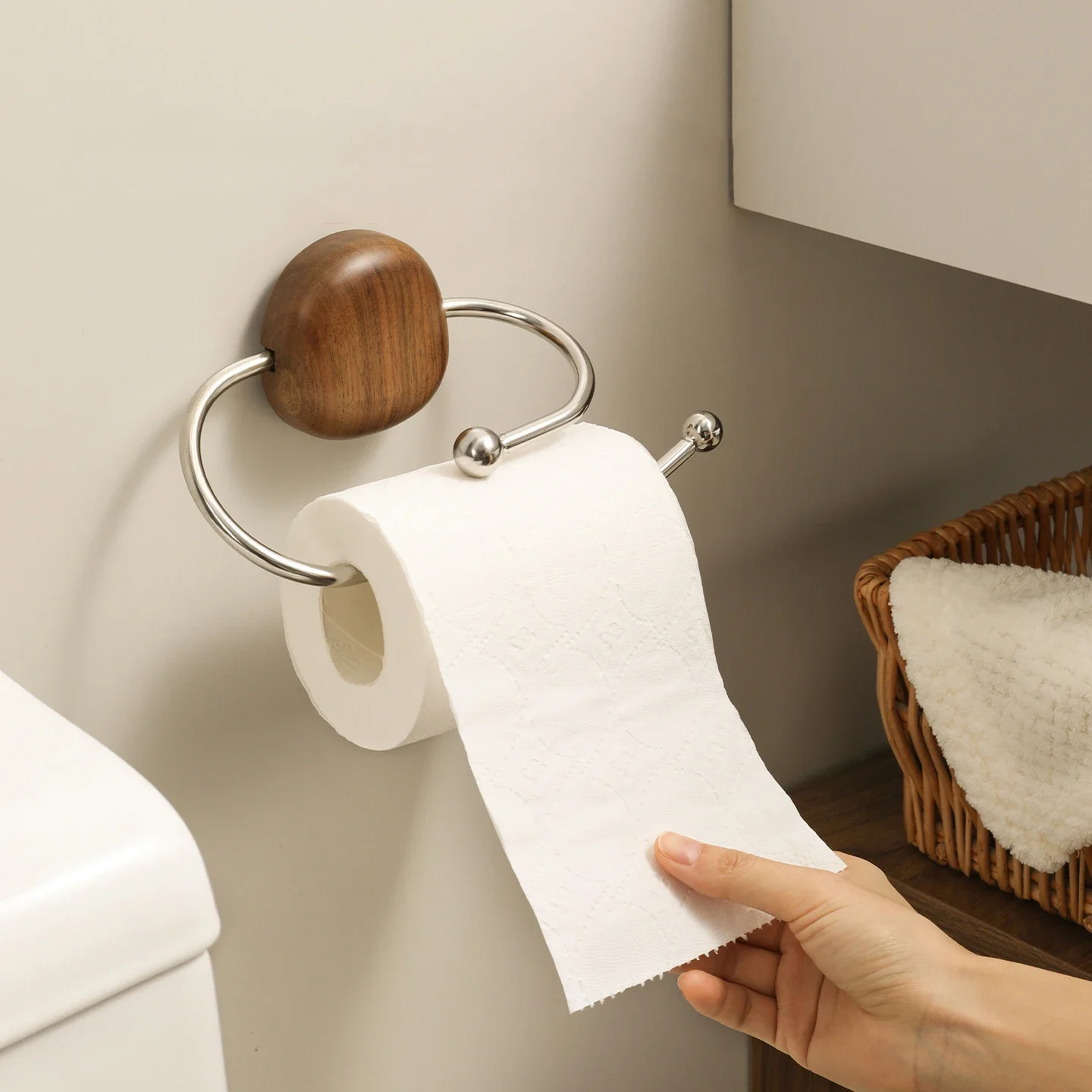 HeMu No Drill Wall Mount Tissue Roll Holder, Solid Walnut Wood & Rustproof Stainless Steel Toilet Paper Rack for Bathroom Vanity