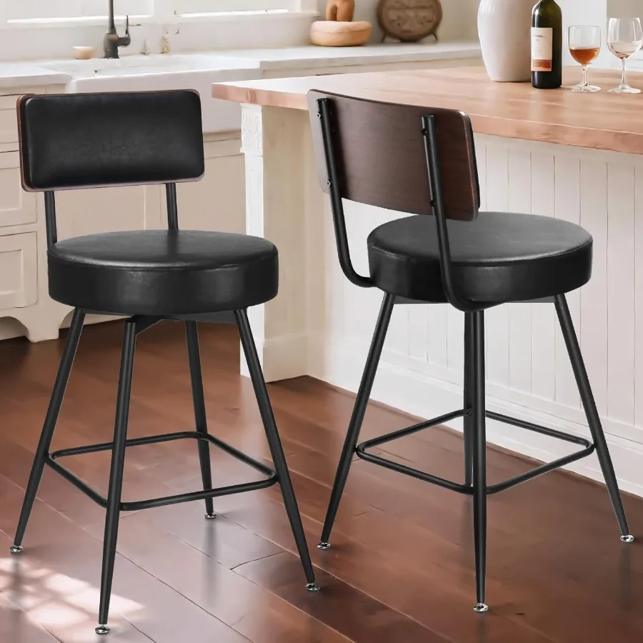 Counter Height Bar Stools Set of 2 25 Inch Swivel Bar Stools with Back Black for Kitchen Island Comfortable Backrest Durable De