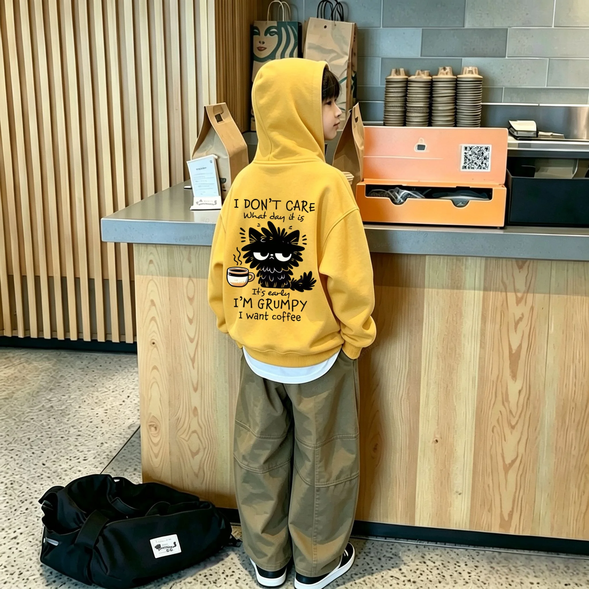 Y2K Kids Hoodie Sweatshirt Grumpy Black Cat Coffee Letter Back Print Long Sleeve Pullover