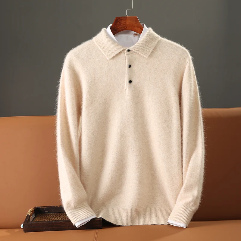 Camisola de Cashmere vison para homens, pulôver com gola polo, camisa base de malha quente, roupas casuais para negócios, outono e inverno, 100% vison