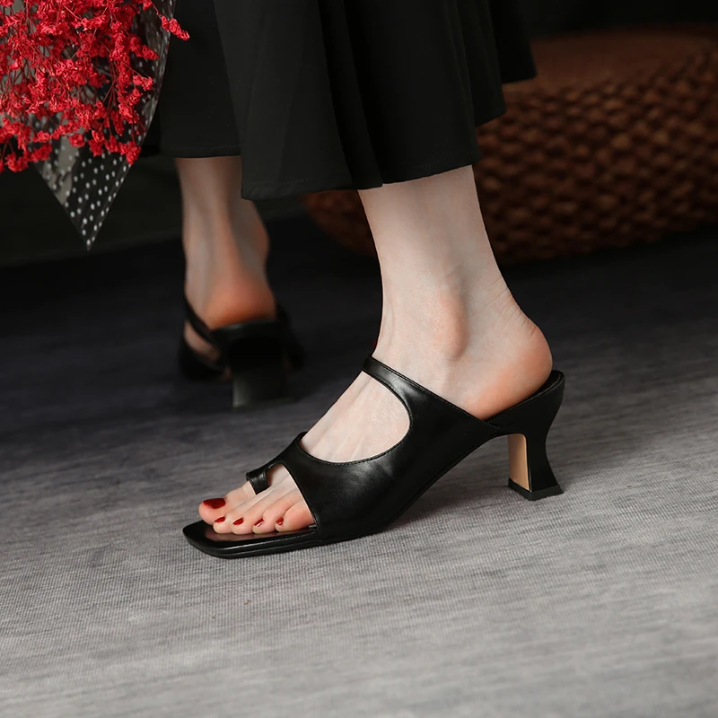 

Женские летние сандалии-шлепанцы из натуральной кожи на массивном каблуке, универсальные, на высоком каблуке, для торжественных случаев