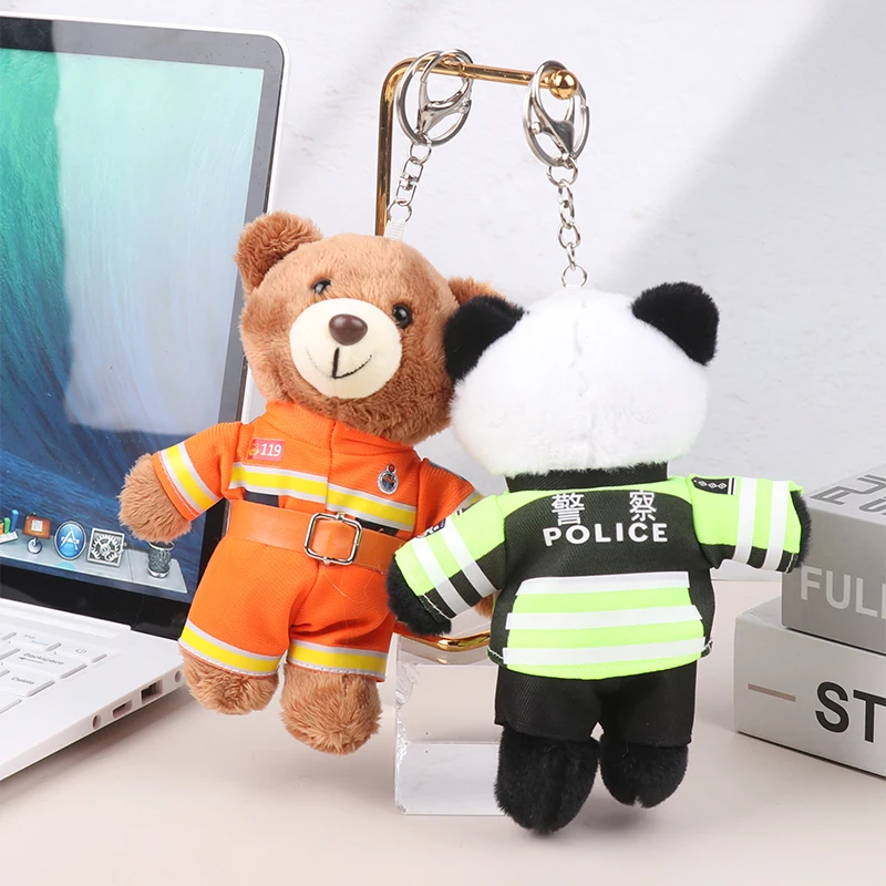 Traffic Police Small Bear Panda Plush Toys Keychain Police Firemen Animals Keyring Pendant Car Backpack Charms Bag Decor Gifts