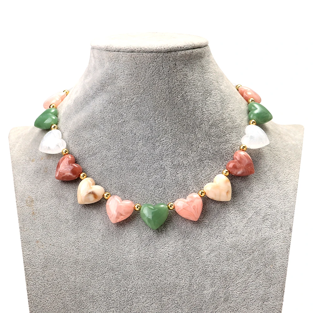 Nette Acryl Herz Perlen Halsband Halskette für Frauen Harz Geometrische Herz-förmigen Perlen Kragen Halsketten Mädchen Party Schmuck Geschenk – Detail 9