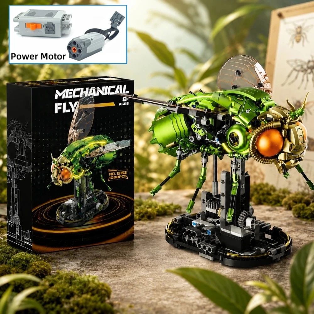New 1038pcs Mechanical Linkage Drosophila Fly Building Blocks, Cyberpunk Technical Insect Animal Model Kit, Light STEM Toy