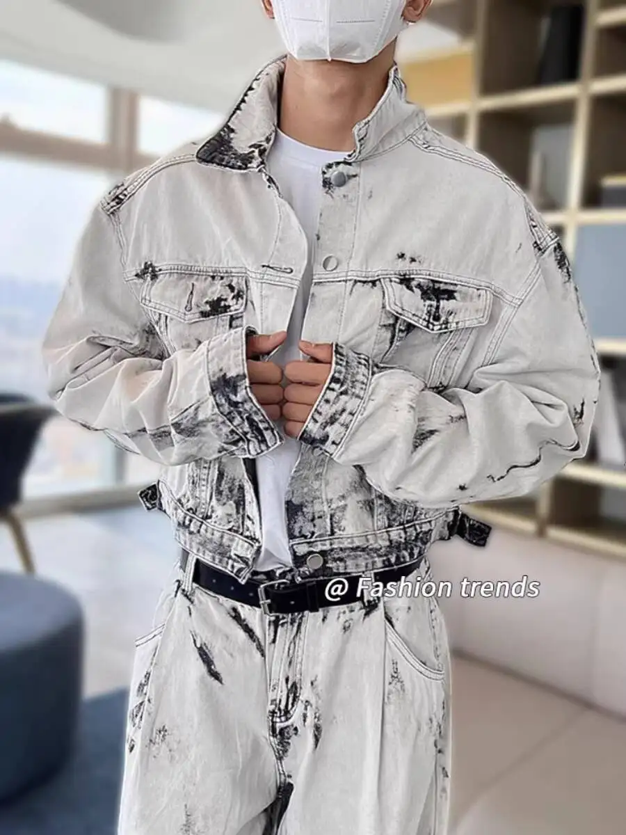 Man Denim Jacket Pants Set 2026 New American Retro Tie Dye Casual Two Piece Set For Men Loose Denim Jacket Wide Leg Denim Pants