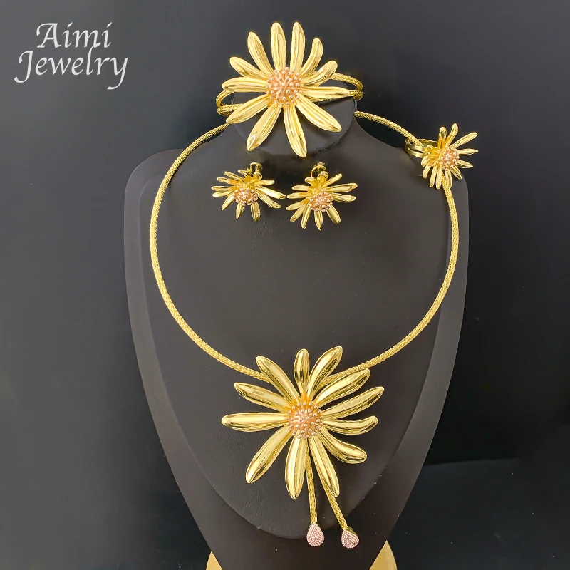 

Оригинальный дизайн, комплект ювелирных изделий в форме цветка, женское массивное круглое колье, ожерелье, серьги, браслет, кольцо, свадебные подарки для вечеринки