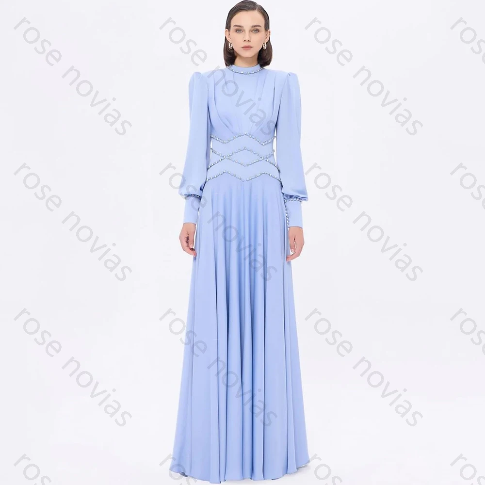 فساتين سهرة أنيقة عالية الجودة على شكل حرف a ورقبة عالية وأكمام طويلة وطيات ومطرزة للنساء فساتين حفلات الخريف المخصصة #1