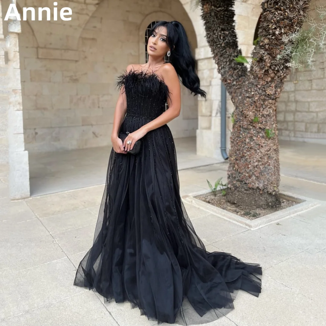 

Annie Sexy Strapless Prom Dresses Glitter Black Feathers Evening Dresses 2024 فساتين السهرة Tulle Elegant Lady Party Dresses