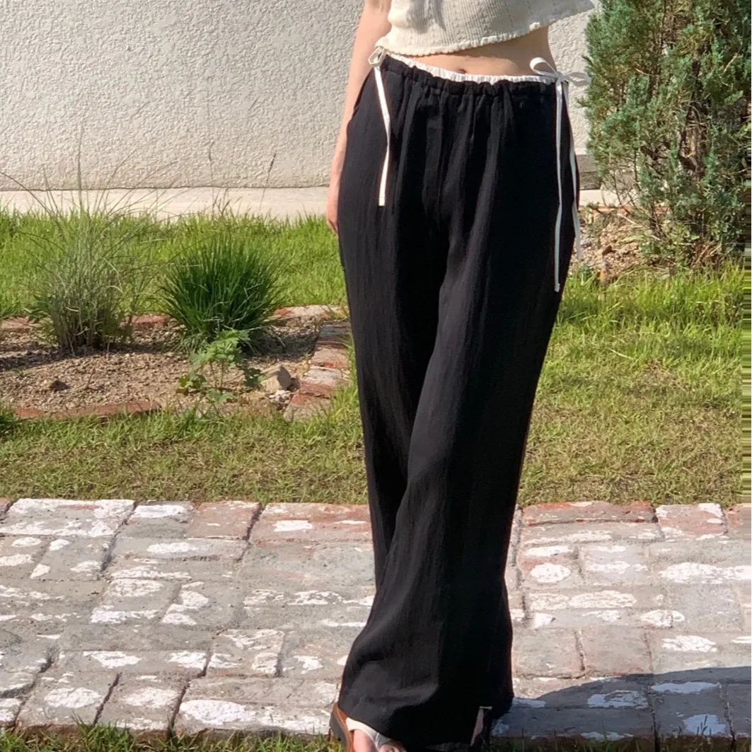 ハイウエストワイドレッグカジュアルパンツ レディース 夏 エレガント ノットタイ スプライス ロングパンツ 快適 通気性 おしゃれ