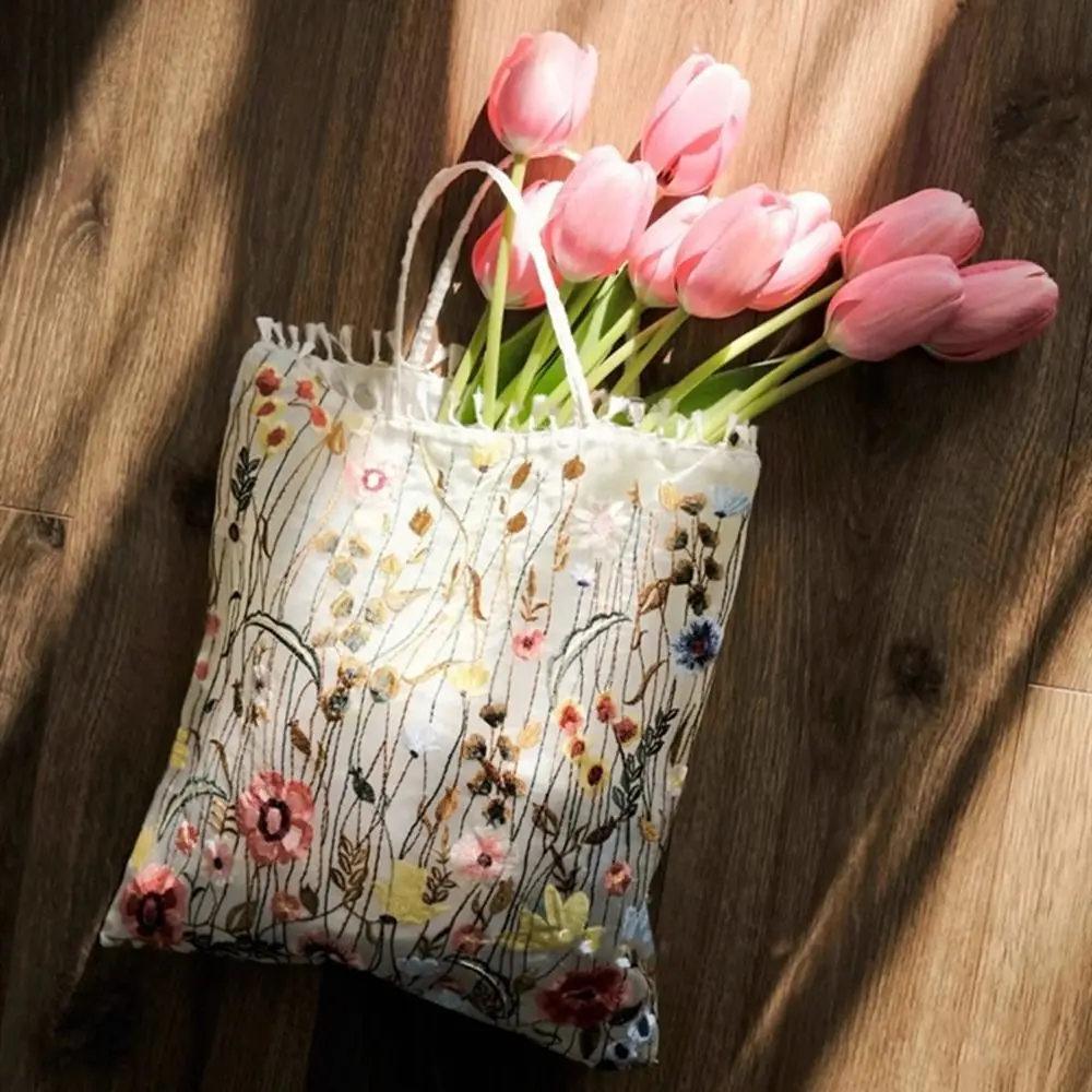 Camellia Flower Embroidery Cloth Bag Lace Large Capacity Canvas Shoulder Bag Storage Bag Tote Bag Ethnic Style Bag Women