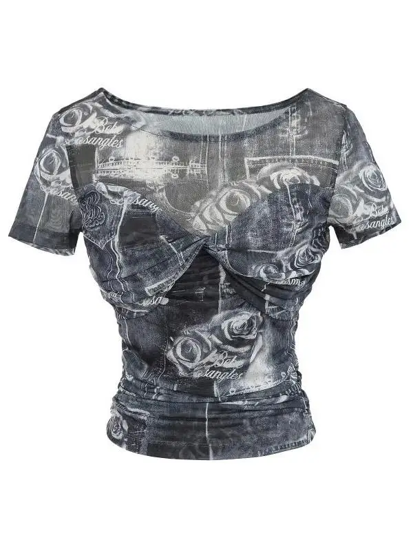 เสื้อยืดเซ็กซี่รัดรูปสไตล์อเมริกัน ลายมัดย้อมแบบย้อนยุค ผ้าสองชั้น จับจีบเอวผูกโบว์  สำหรับฤดูร้อน สไตล์สตรีทแฟชั่น