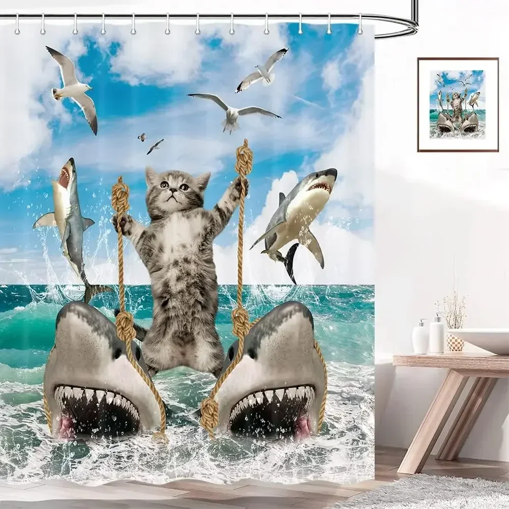 Funny Cat Shower Curtain, Dinosaur Cat Dog Animal Shark Funny Ocean Coral Goldfish Bathtub Bubbles Kids Cartoon Bathroom Decor