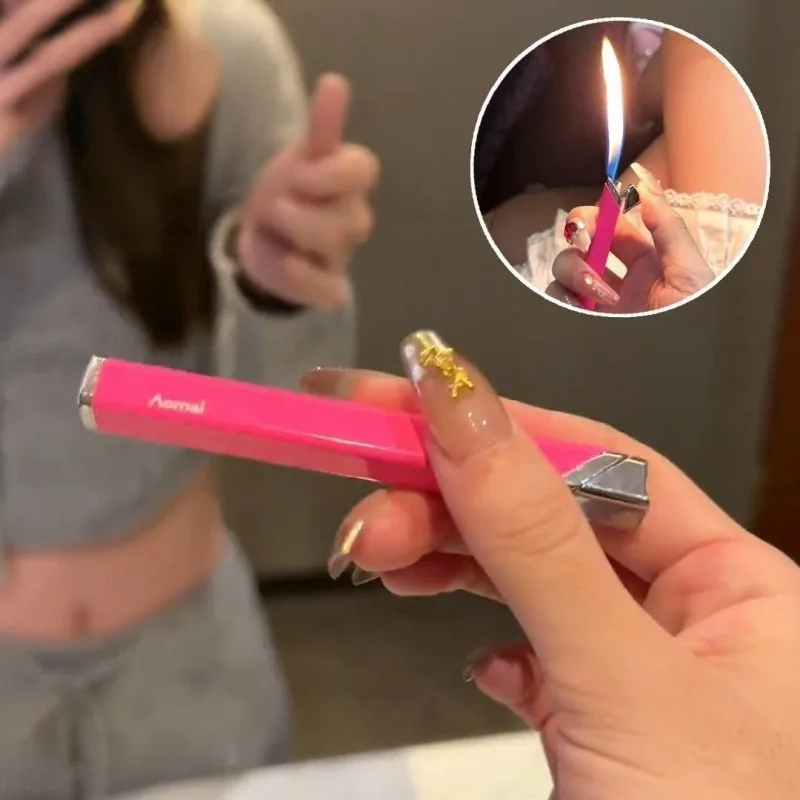 Slim Women's Small Square Strip Open Flame Butane Gas Lighter Outdoor Mini High Beauty Lighters Accessories Gifts for Girlfriend