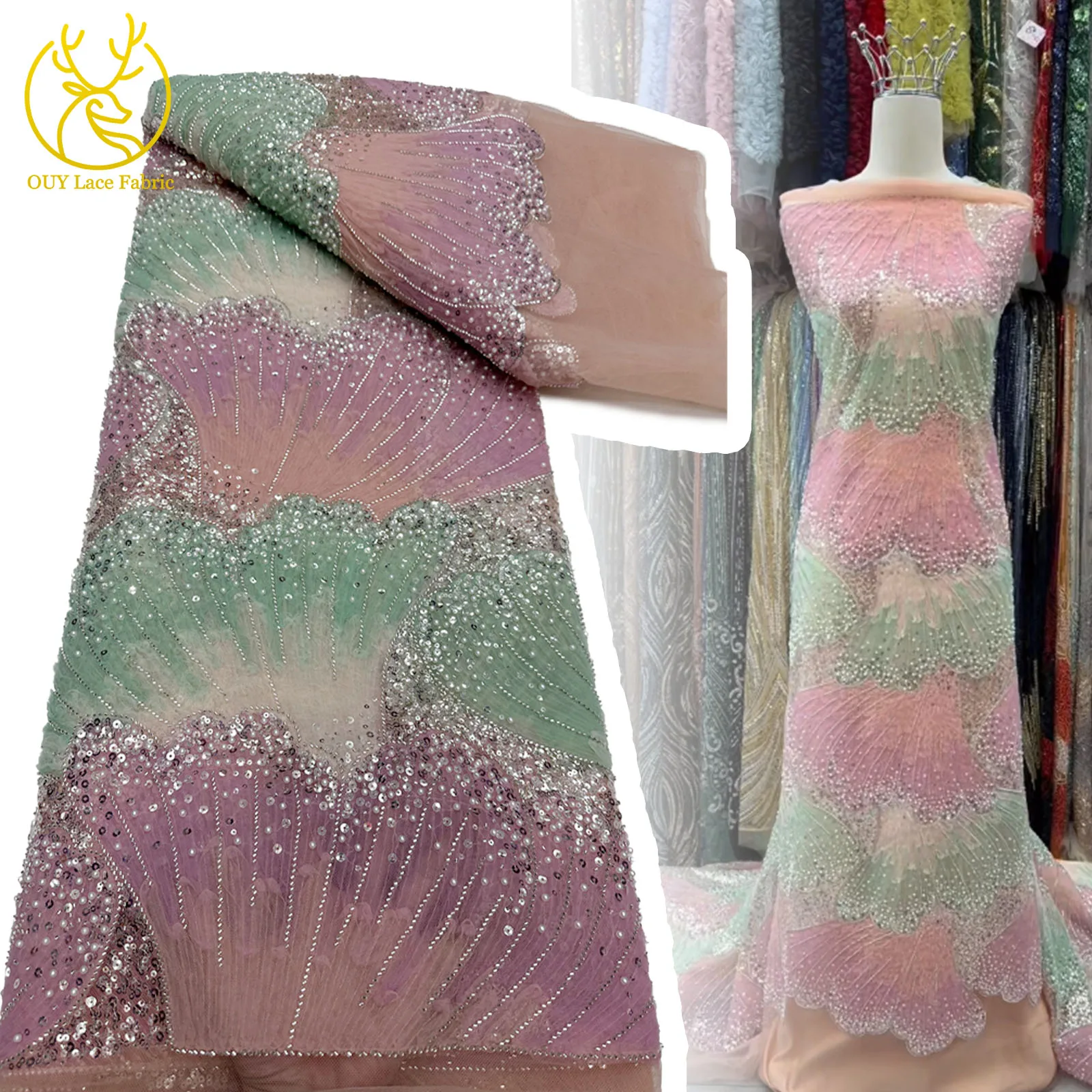 

Pink African Beaded Embroidery Lace Fabric 2025 High Quality Elegant Nigerian French Sequin Lace Fabric Wedding Party Dresses