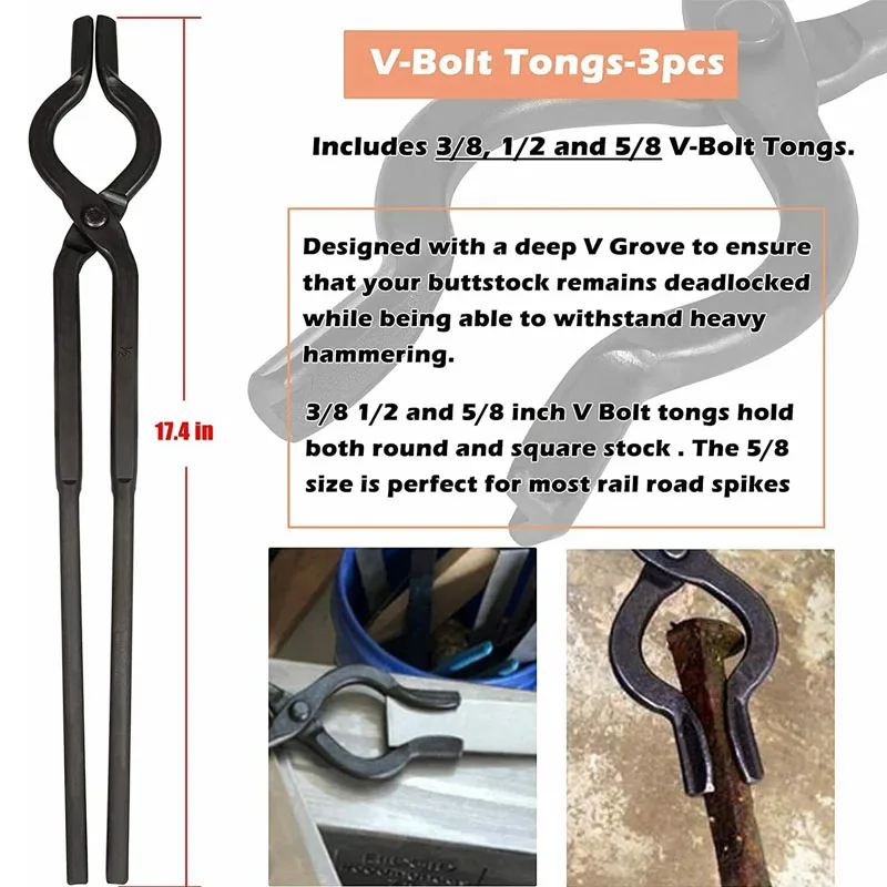 6 Pack Beginner Blacksmith Tongs Blacksmith Forge Tong Tools Set Includes 1/4 Flat Jaw, Pick Up, Scroll, 3/8 1/2 5/8 V-Bit Tongs