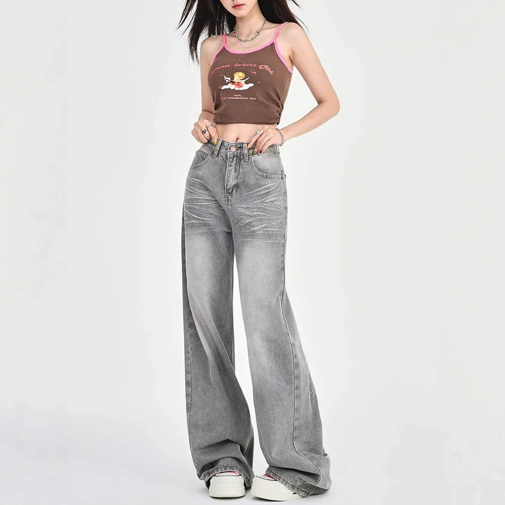 Low Waist Wide Leg Jeans Women's 2025 New Spring Retro Drape Loose Gray Small Straight Pants