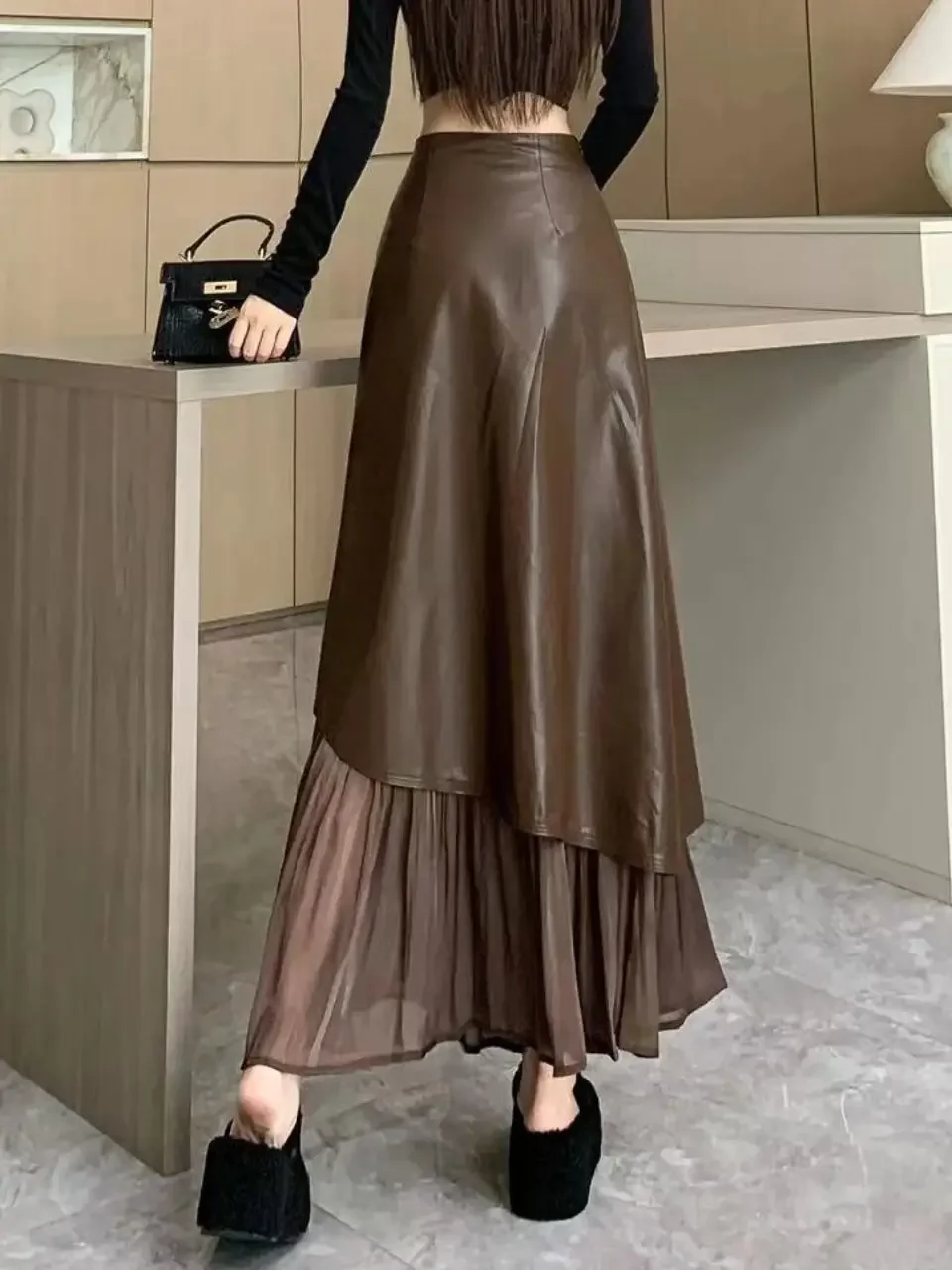 

Длинная юбка трапециевидной формы с наклонным подолом и высокой талией для похудения. Юбка-миди трапециевидной формы в стиле ретро для женщин. Новая кожаная юбка с.