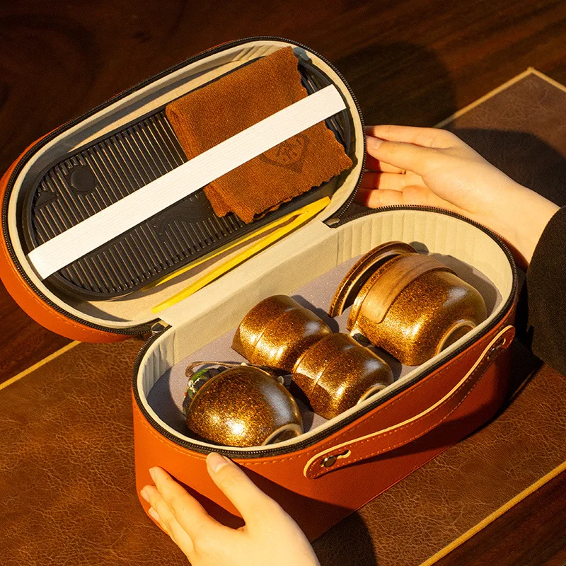 Kiln Change Leather Bag Travel Quick Cup Set Outdoor Tea Brewing Portable One Pot Three Cups Business Gift LOGO