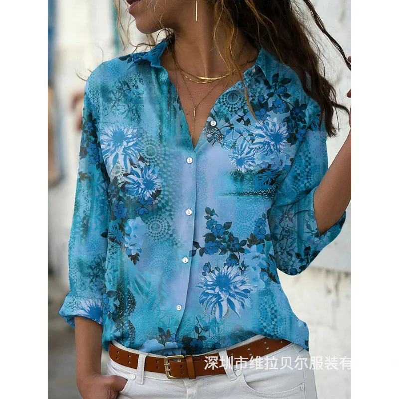 New Women's Floral Print Long Sleeve V-Neck Shirt