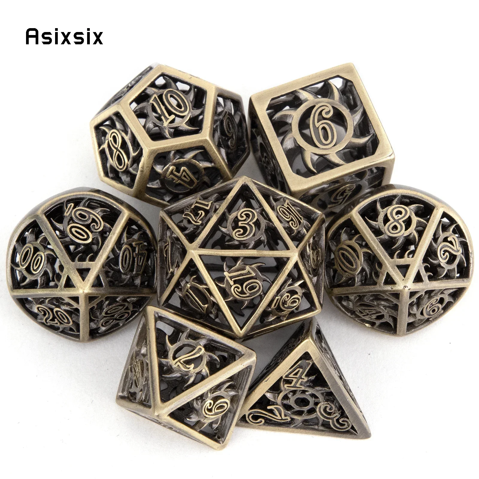 

7 Pcs Yellow Rotary Cyclone Metal Dice Hollow Metal Polyhedral Dice Set Suitable For Role-Playing RPG Gift Card Game