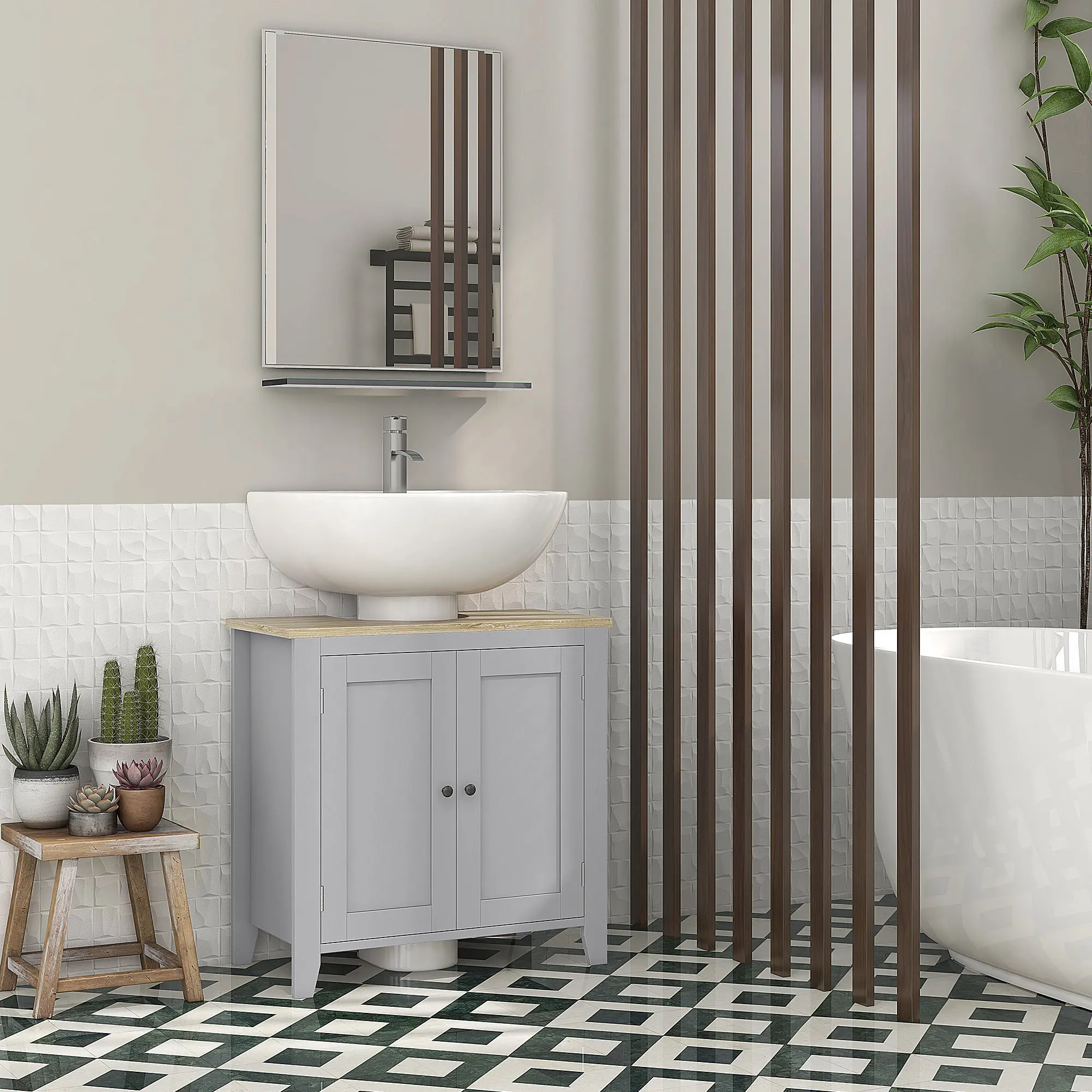 Bathroom Vanities, Pedestal Sink Cabinet with U-Shaped Cut-out and Adjustable Shelf, Gray