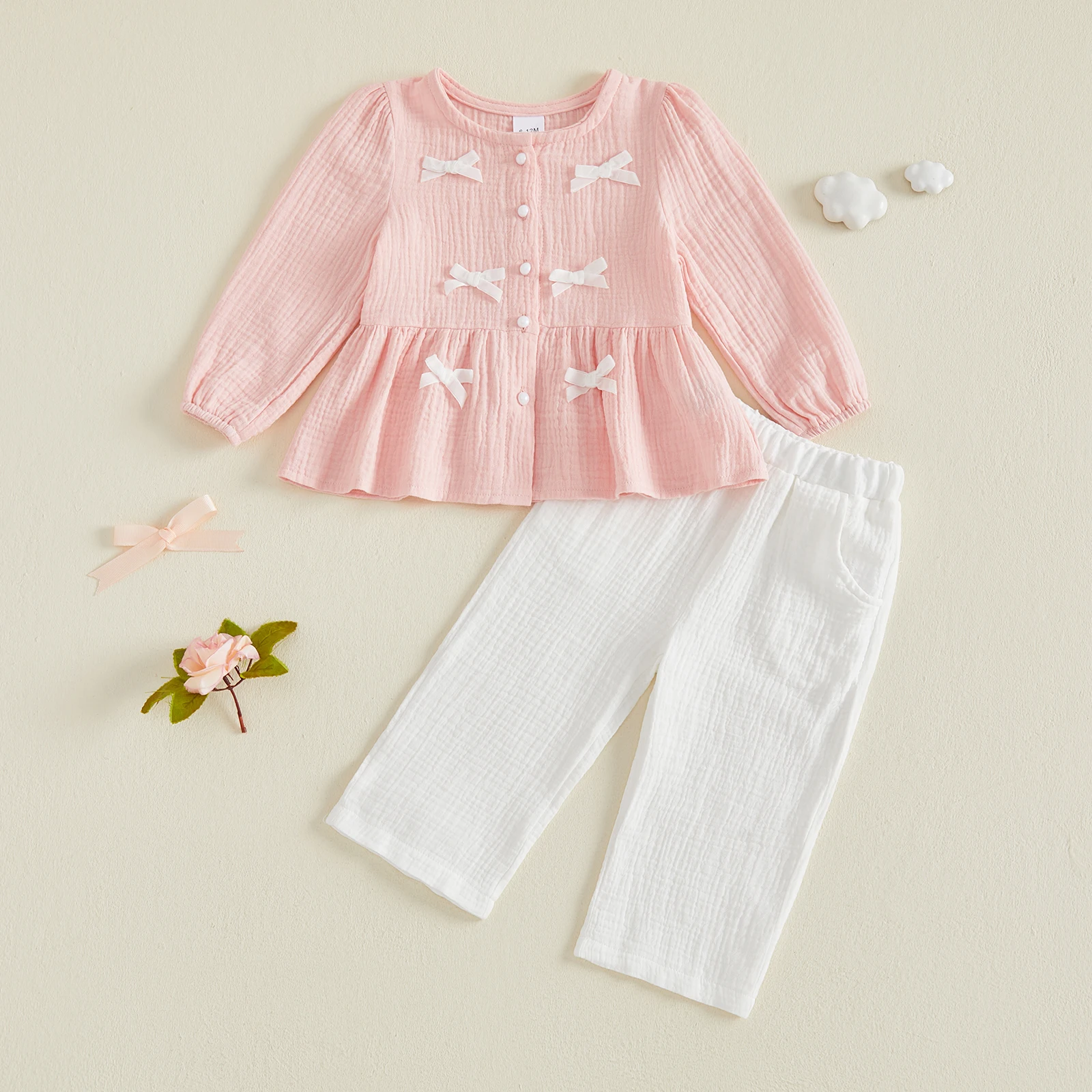 1-4Y Toddler Girl Fall Outfits Adorable Bow Decor Long Sleeve Shirt Tops and Pants Sweet Girls Clothing Set