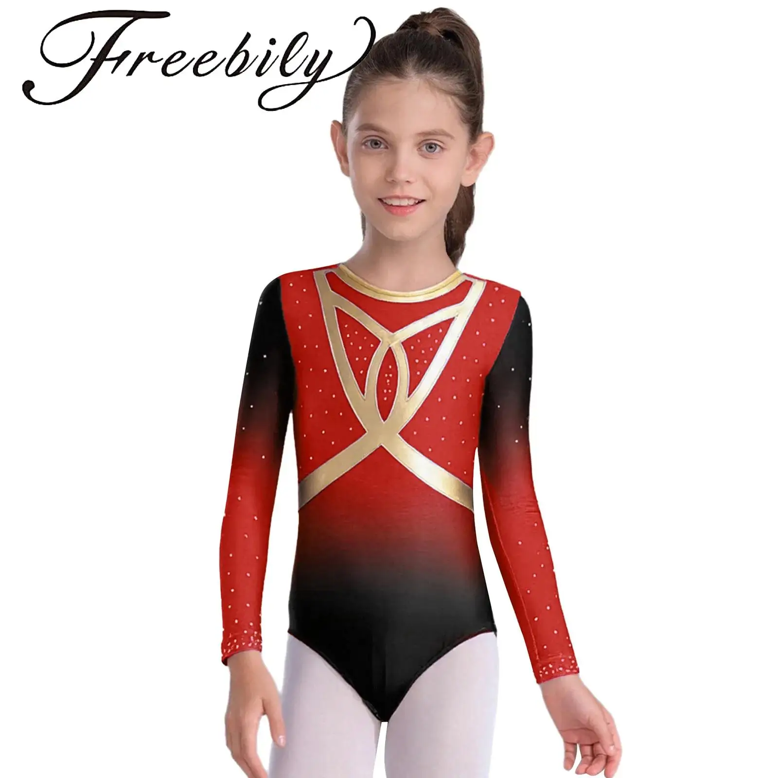

Kids Girls Gymnastics Dance Leotard Figure Skating Round Neck Long Sleeve Shiny Rhinestones Performance Bodysuit