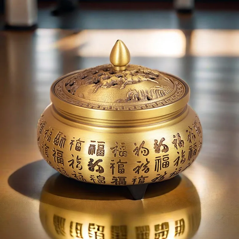 Brass Incense Burner with Hundred Blessings and Three Legs Home Furnishing Hundred Blessings Censer Ornament