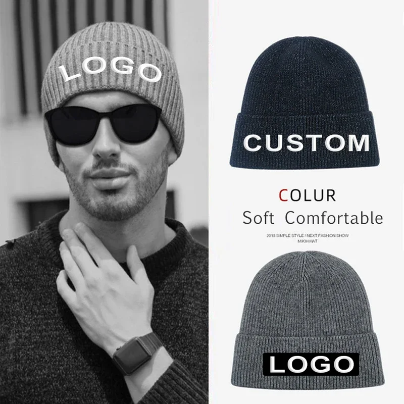 

Custom logo Embroidery Design Text Name Beanies Hats for Men Women Solid Color Soft Warm Winter Knit Cuff Beanie Cap Wholesale