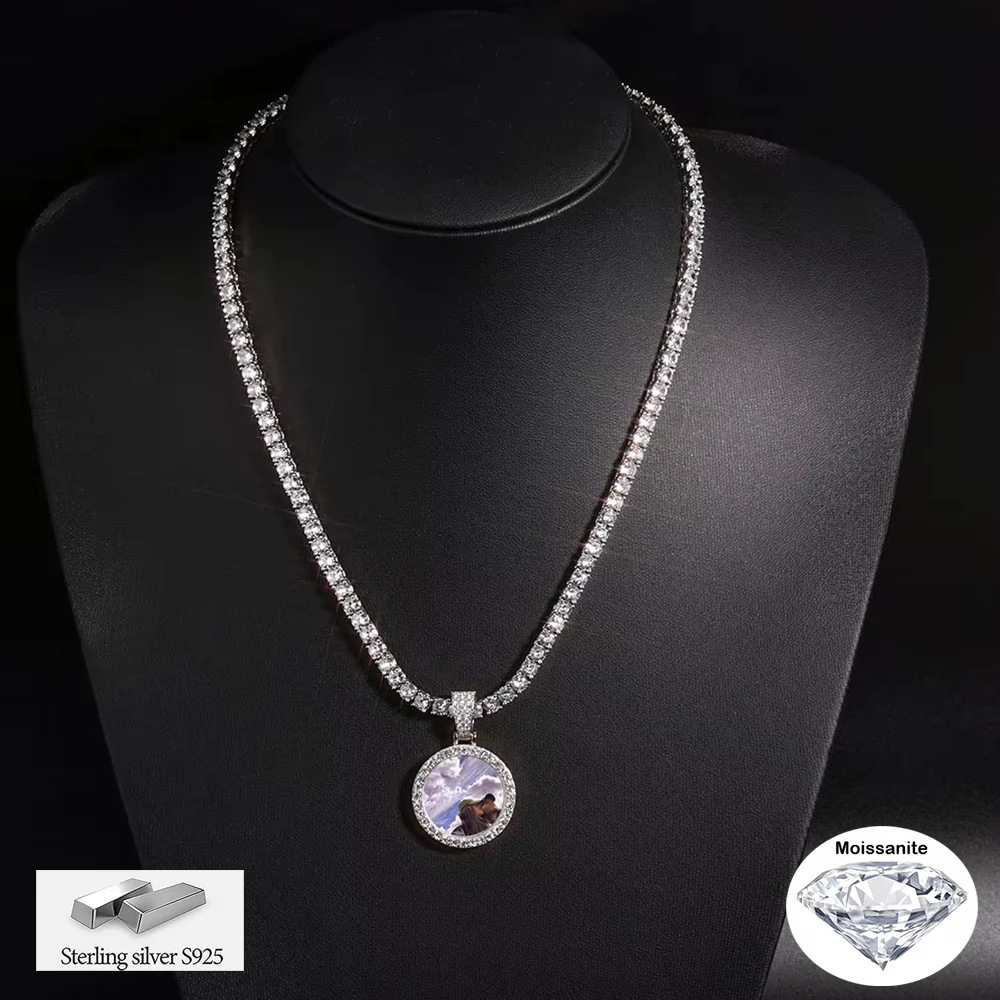 Custom Photo Moissanite Tennis Chain Necklace S925 Silver Round Picture Pendant Iced Out Hip Hop Jewelry Personalized Gifts