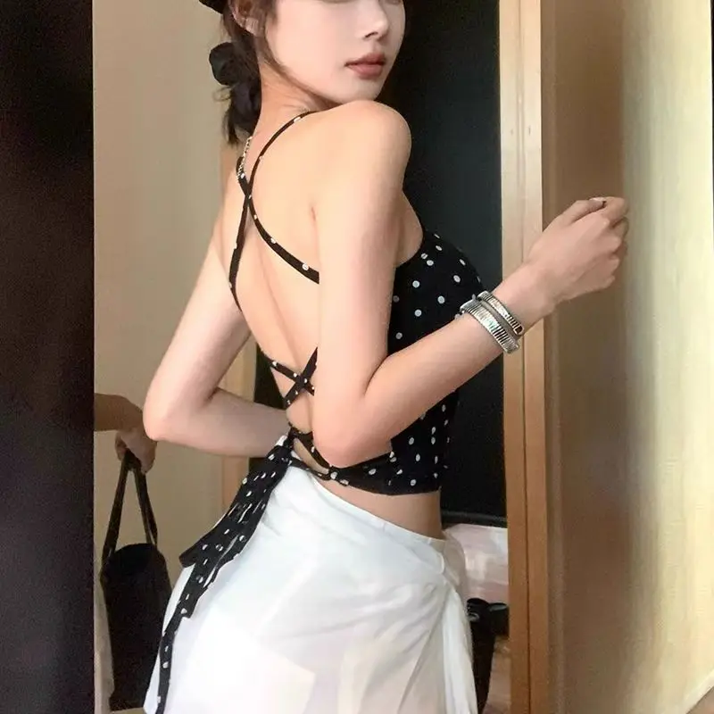 Cotton Sexy Bandage Backless Versatile Comfortable Dot Halter Top with Padded Cups for Outerwear