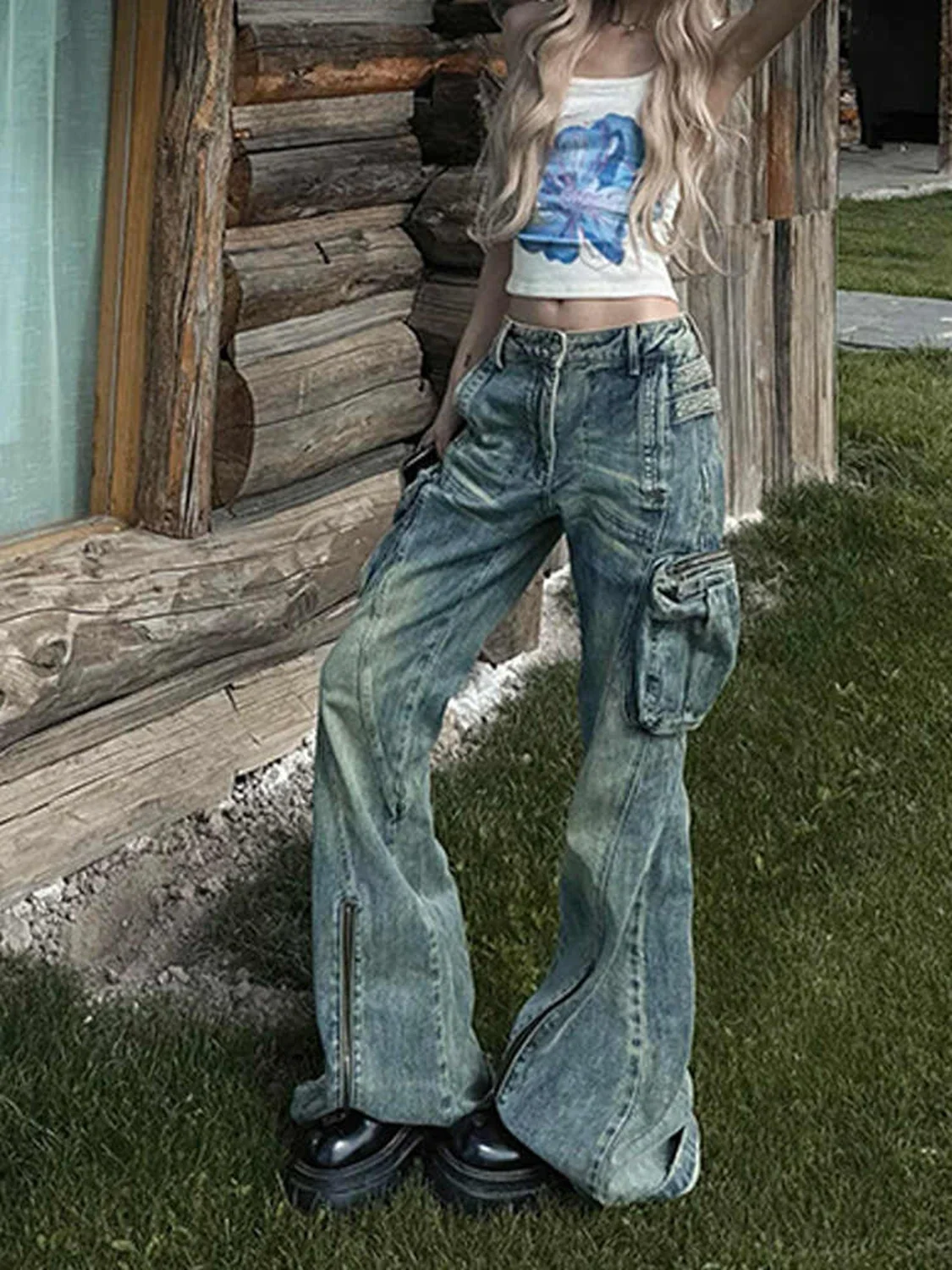 

Осень 202, женские мешковатые джинсы-карго Y2k в стиле гранж, винтажные джинсовые брюки в стиле Харадзюку, брюки оверсайз, уличная одежда, одежда 2000-х годов