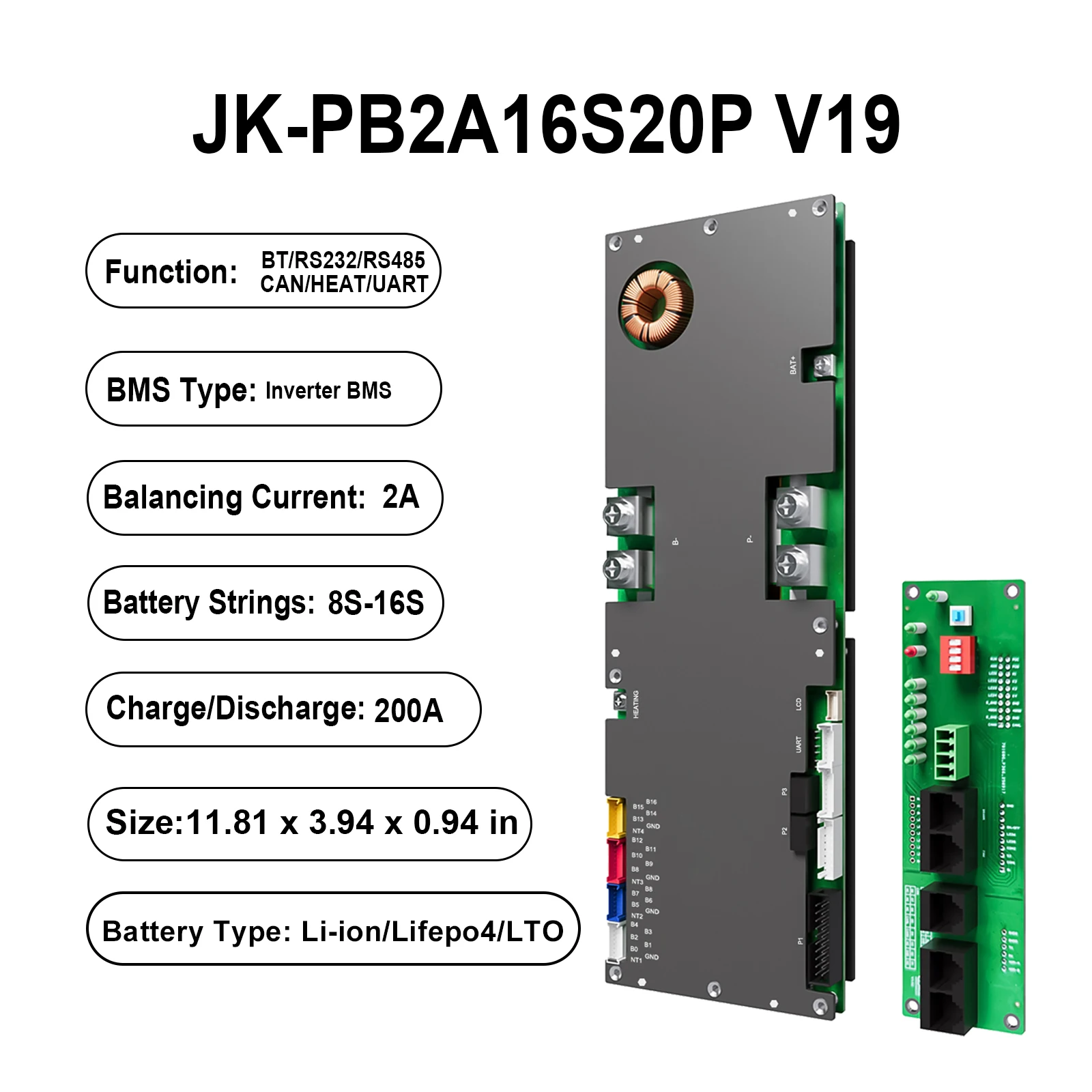 JKBMS JIKONG V19 Heimenergie-Wechselrichter BMS 8S/24V 16S/48V Li-Ion/LiFePO4/LTO Batterie-BMS JK-PB2A16S20P