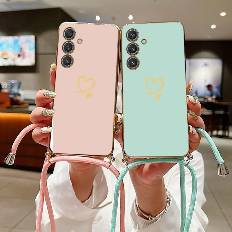 A55 Twin Hearts Lanyard Plating Phone Case For Samsung A55 A04S A34 A05S A35 A54 A15 A14 A24 A25 M15 F54 F15 M14 M54 Cover