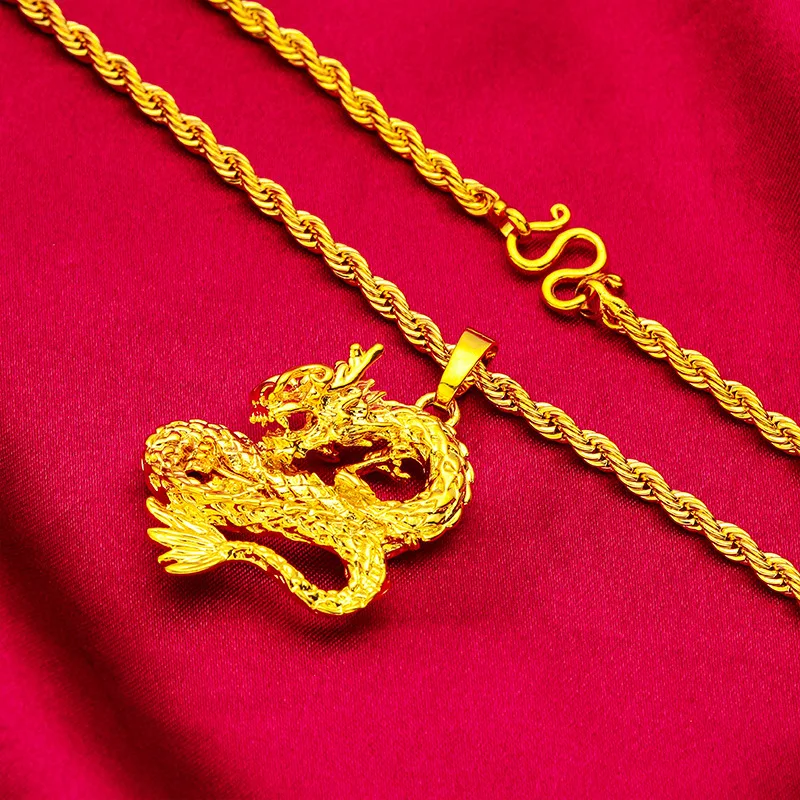 

Ожерелье с подвеской в виде дракона из 24-каратного золота 60 см, полностью золото AU99, длинная цепочка, подходящая для различных нарядов
