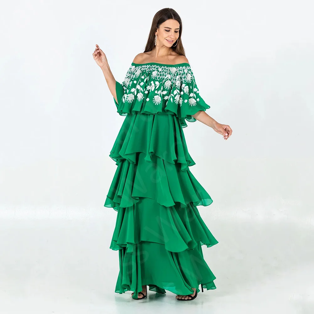 

Latest Classic Green Evening Dresses Arabic 2024 Prom Party Gowns Off Shoulder Appliqued Wedding Guest Dresses Layer Skirt