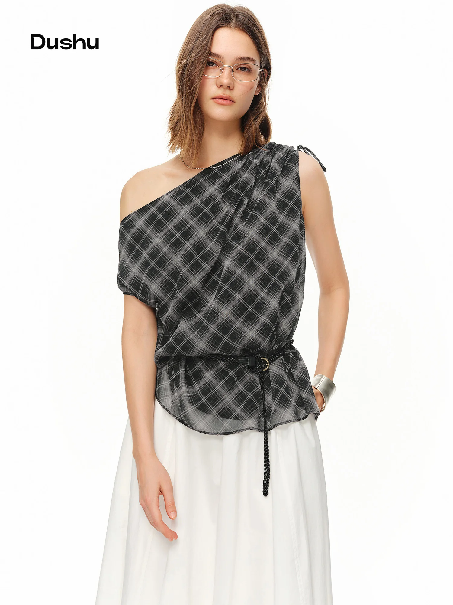 DUSHU 2026 Women Asymmetrical Neck Plaid Blouse Drawstring Short Sleeve Loose Casual Daily Top Multiple Body Shapes