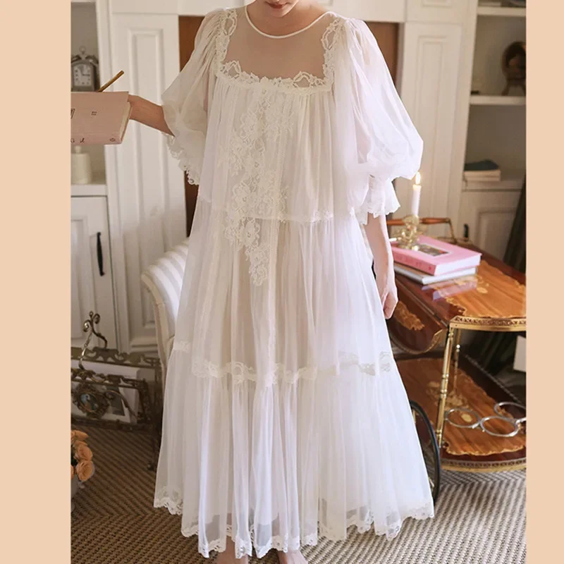 Princess White Vintage Long Nightgowns Gauze Round Neck Puff Long Sleeves Cotton Nightie Loose Design Embroidery Nightdress  New