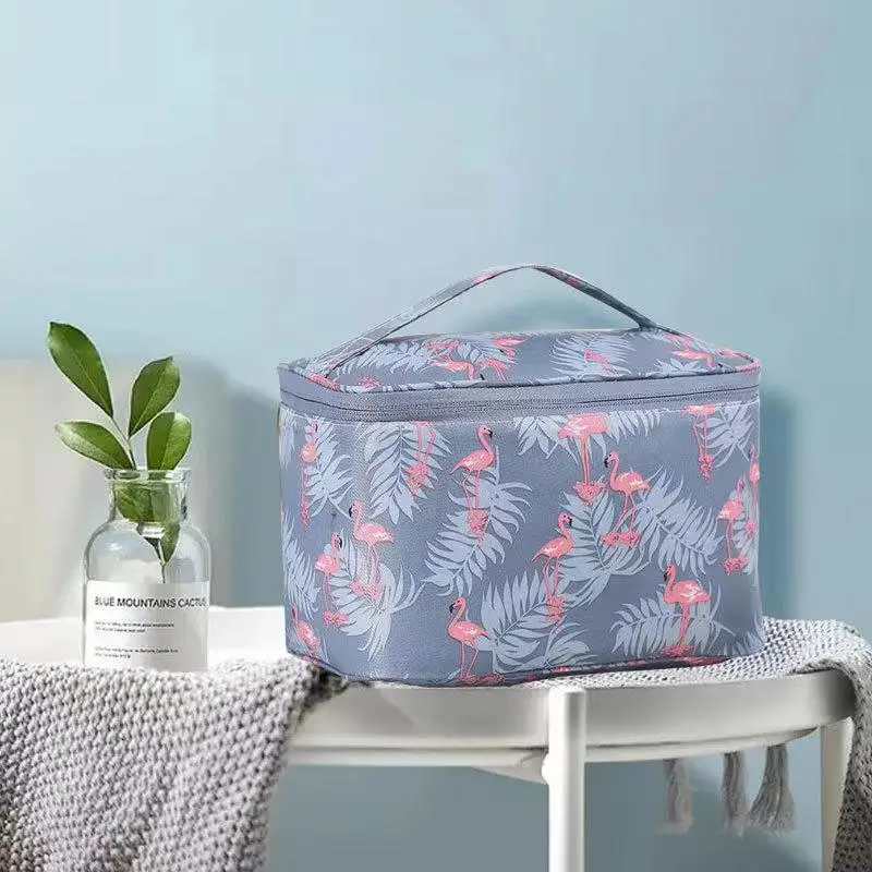 Makeup Bag Portable Cosmetics Makeup Brush Large Capacity Travel Flamingo Double Grey image 5
