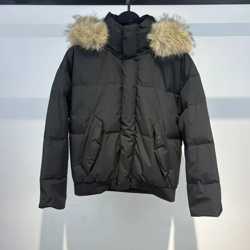 

Утепленная мужская зимняя куртка-пуховик с капюшоном и меховым воротником в американском стиле для повседневной носки и работы
