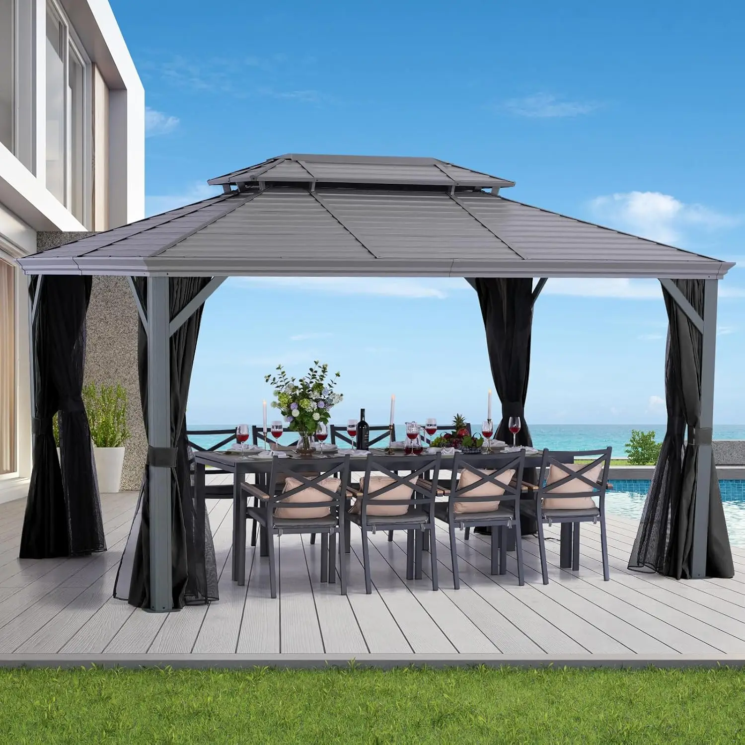 

Nova 10' X 13' Hardtop Gazebo, Aluminum Frame Canopy, Double Galvanized Steel Outdoor Gazebo with Netting and Curtains,, Custom