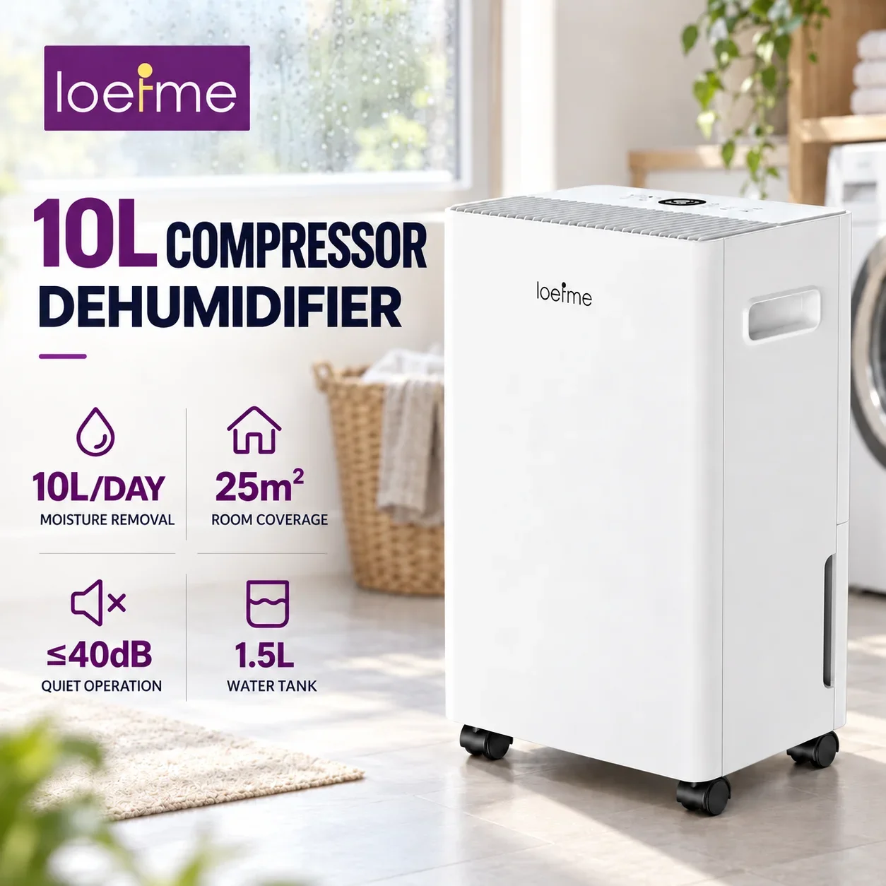Deumidificatore intelligente LOEFME con compressore, capacità di 10 litri al giorno, serbatoio da 1,5 litri, adatto per ambienti fino a 25 m², funzionamento silenzioso (40 dB), controllo dell'umidità,