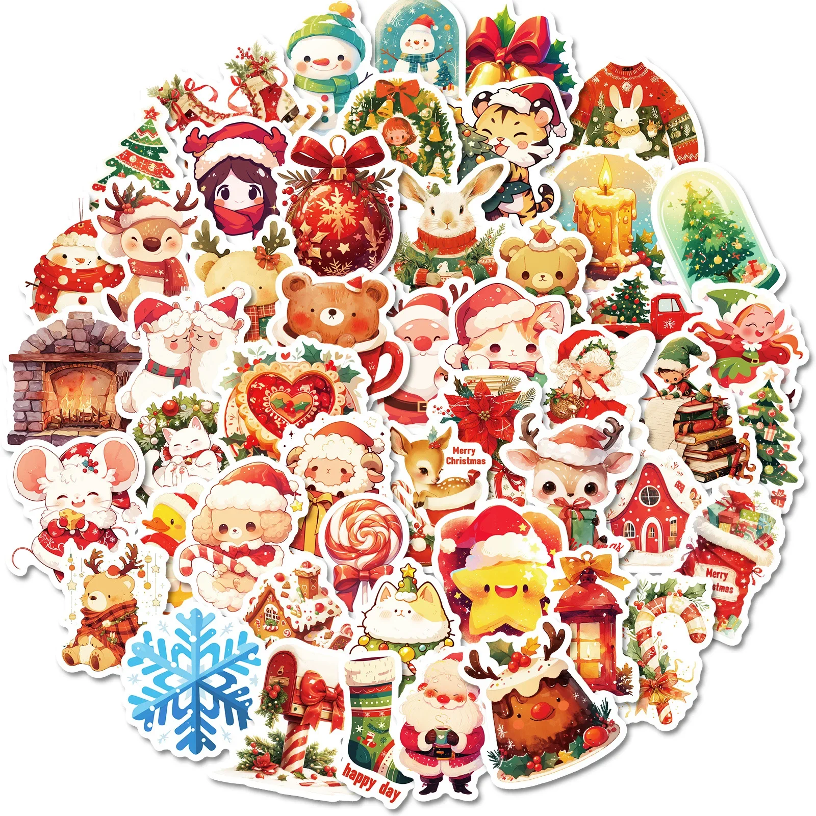 50 Christmas Dream Cartoon Graffiti Stickers, Santa Claus Handheld Tent Stickers, Snowflake Decoration Scene Arrangement