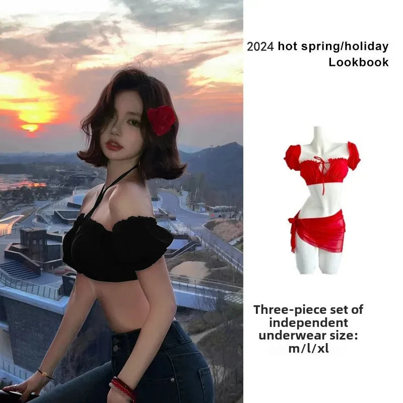 Sanya Seafront Spicy Girl Matching 2024 New Red Off-Shoulder Halter Neck Bikini Top Suit Trendy Children's One-Piece Swimwear