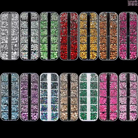 Kit de strass pour nail art en verre 3D AB, 12 compartiments, avec perles rondes à dos plat, pierres précieuses, bijoux, diamants et outils pour nail art